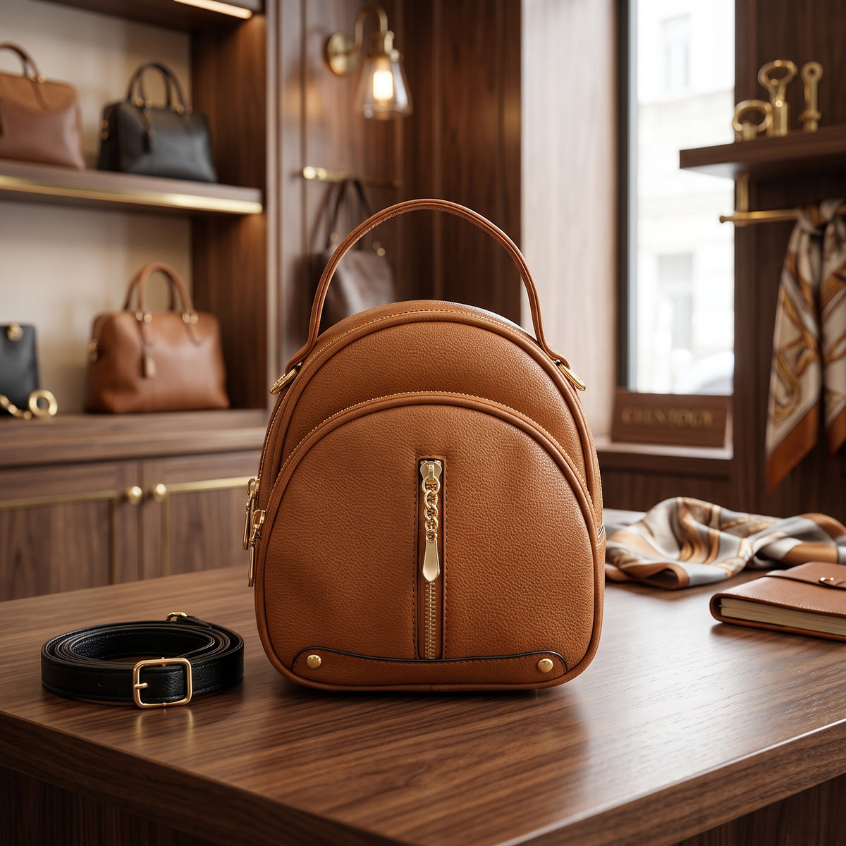 Camel dome mini backpack with gold zips and a top grab handle