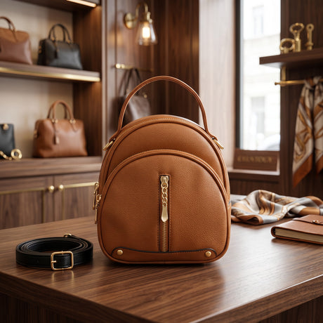 Camel dome mini backpack with gold zips and a top grab handle