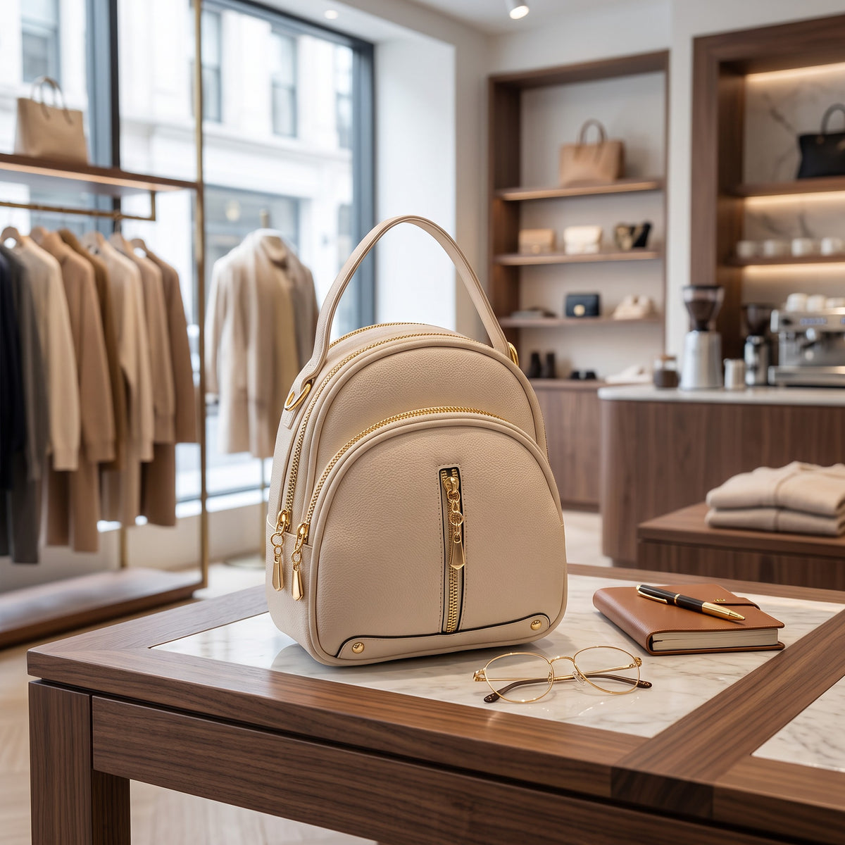 Cream dome mini backpack with a curved front zip pocket