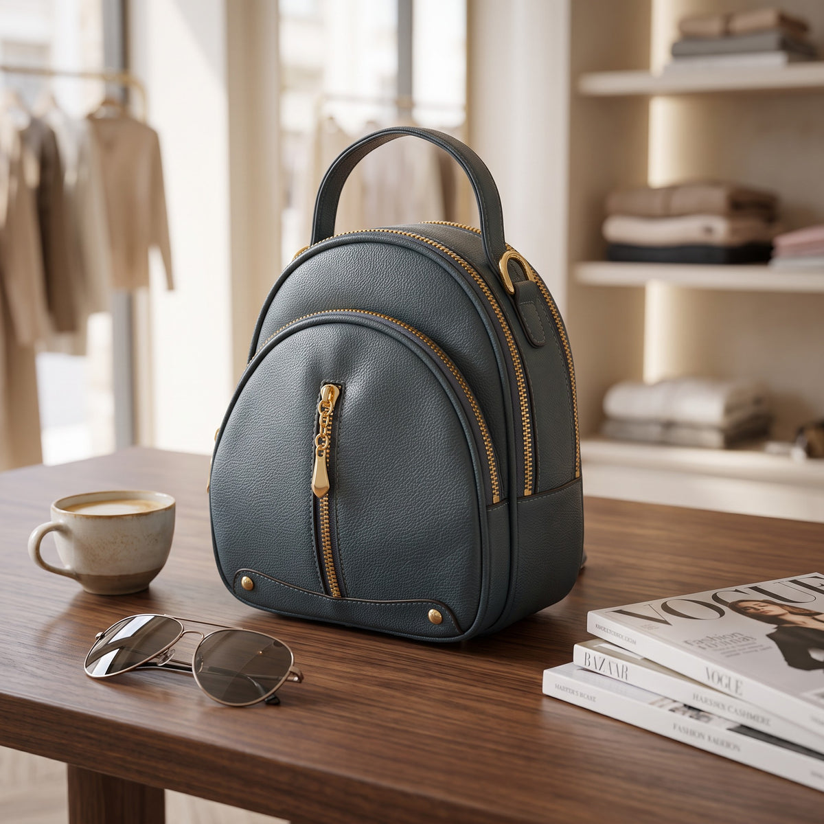 Slate grey dome mini backpack with gold hardware on a wooden table