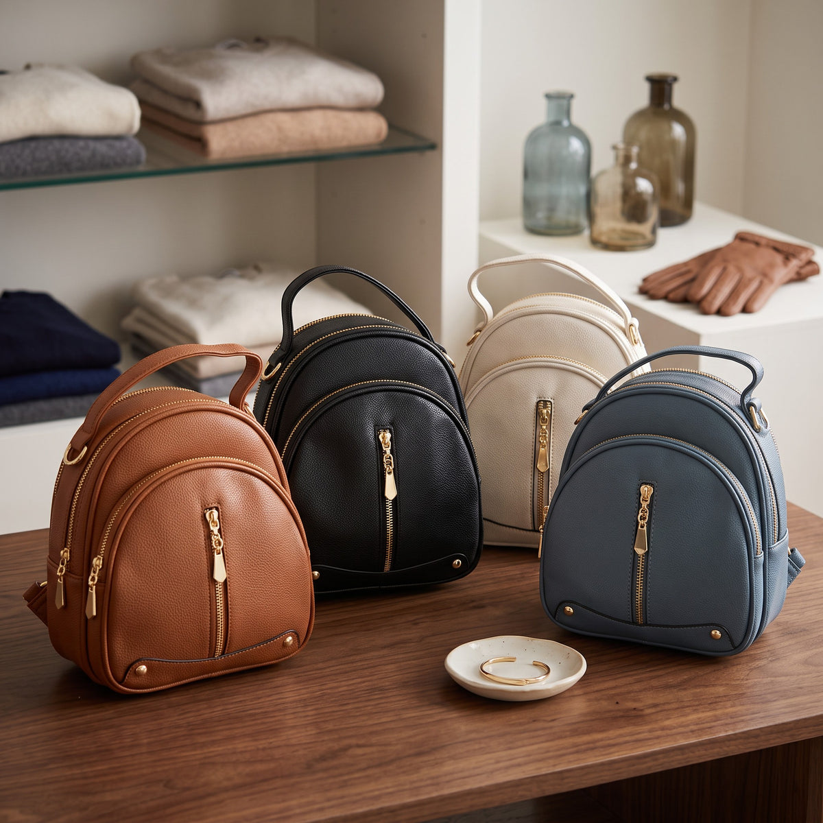 Camel, black, cream and grey dome mini backpacks with gold hardware