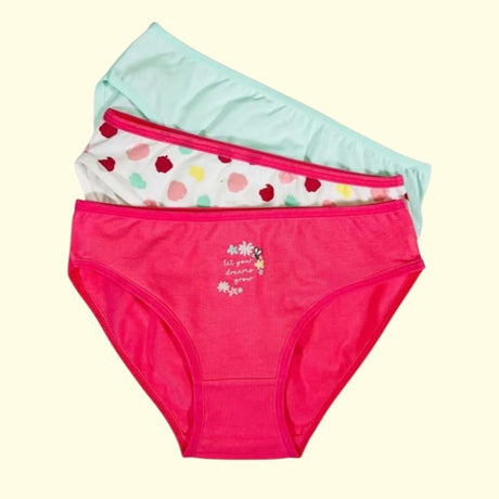 Three girls cotton briefs in mint, dotted white and coral folded together