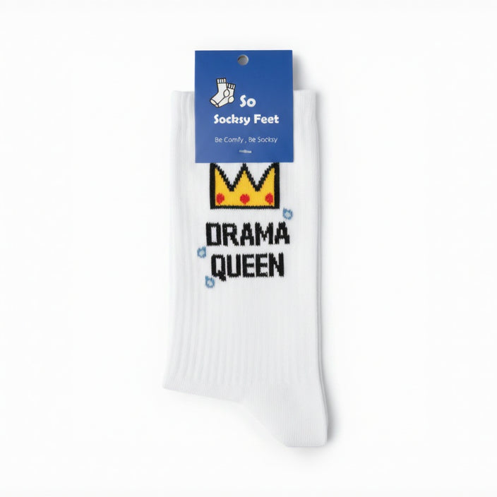 White sock with 'Drama Queen' text and a blue tag on a white background