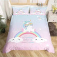 Pastel unicorn bedding set with rainbow, sleepy clouds and stars