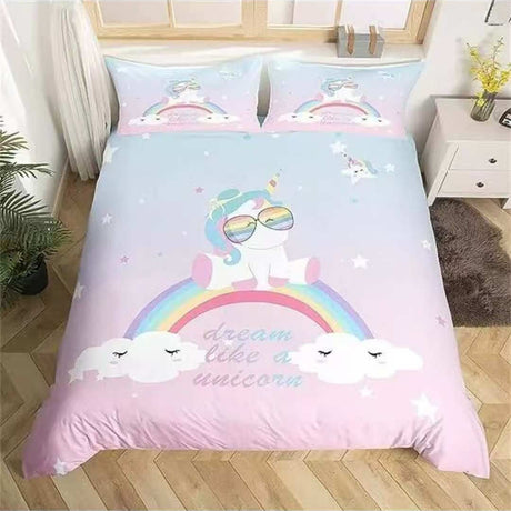 Pastel unicorn bedding set with rainbow, sleepy clouds and stars