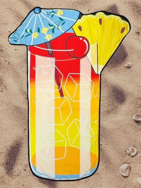 Cocktail-shaped microfiber beach towel with umbrella design on sand - Jack Gifts Lebanon