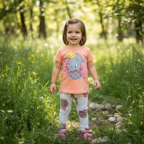 Girl outdoors wearing a peach Dumbo tee with white print leggings and pink sandals