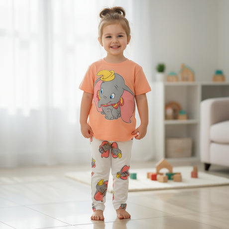 Peach girls set with a grey Dumbo print tee and white all over print leggings