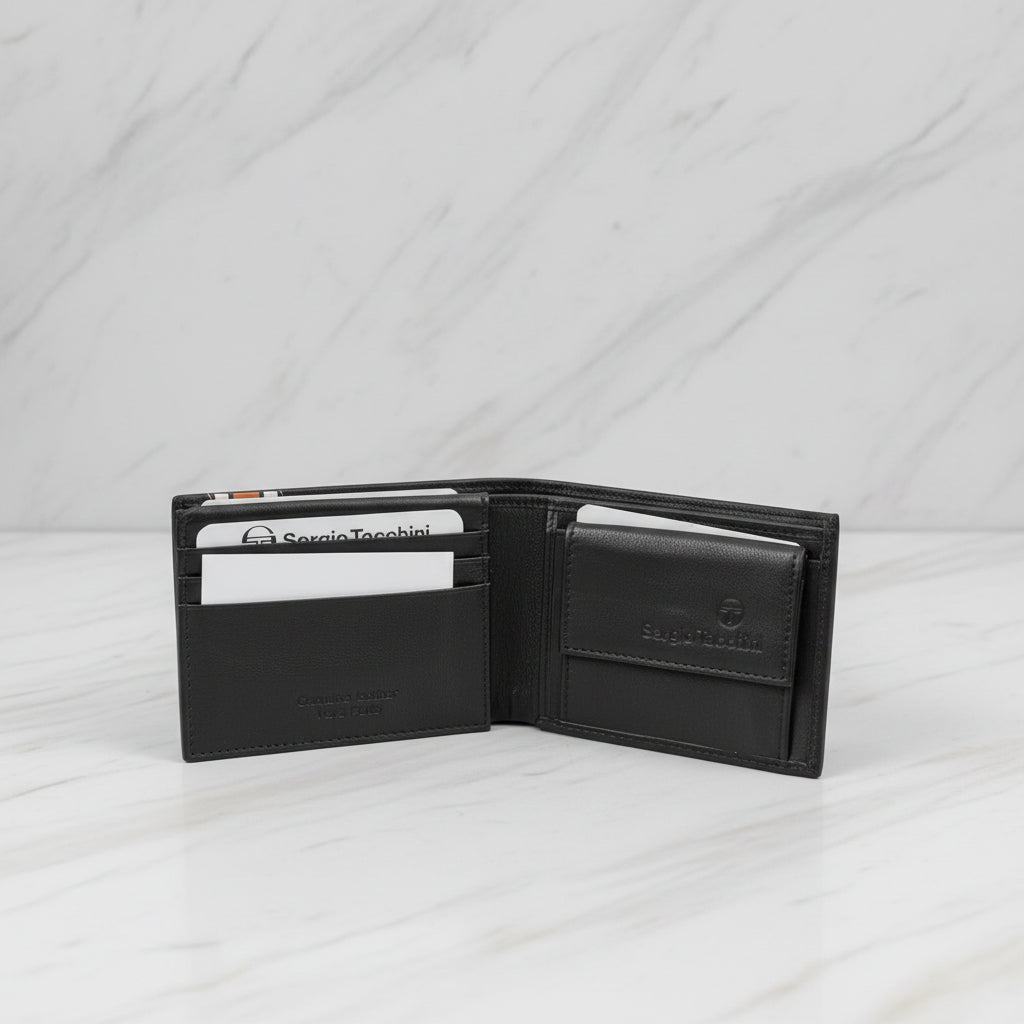 Black leather wallet opened with card holder on a white background