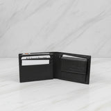 Black leather wallet opened with card holder on a white background