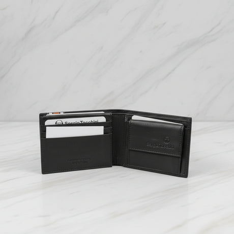 Black leather wallet opened with card holder on a white background