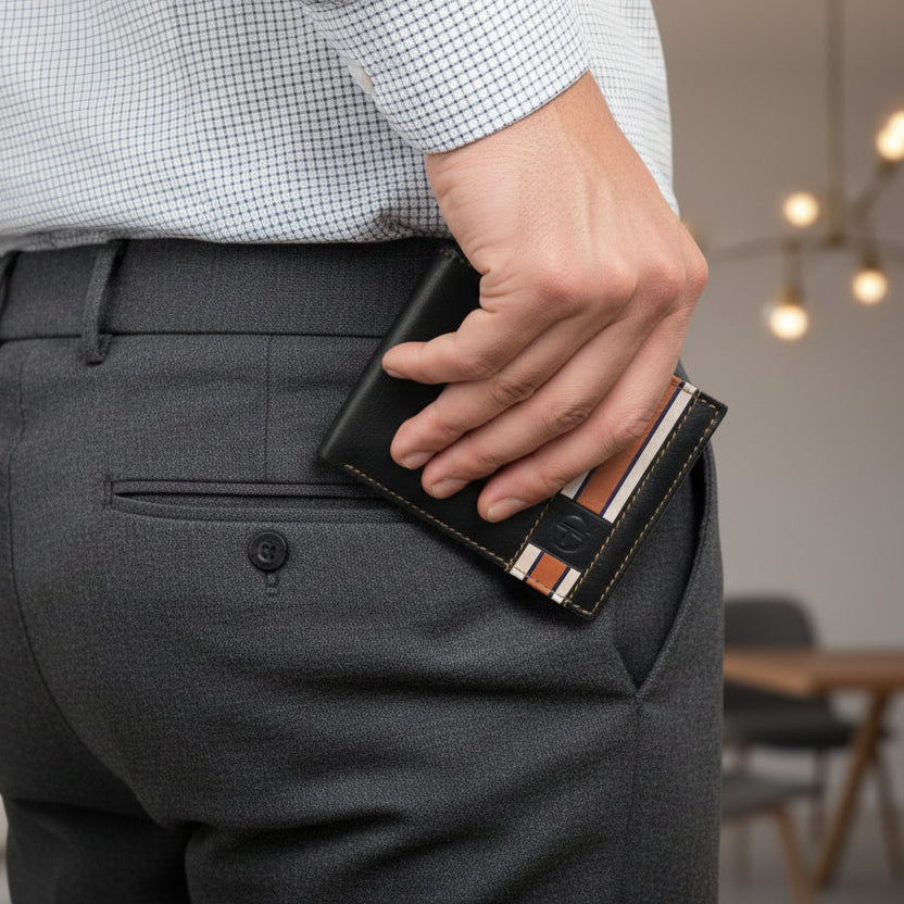 Person wearing grey pants and a checkered shirt, holding a black wallet