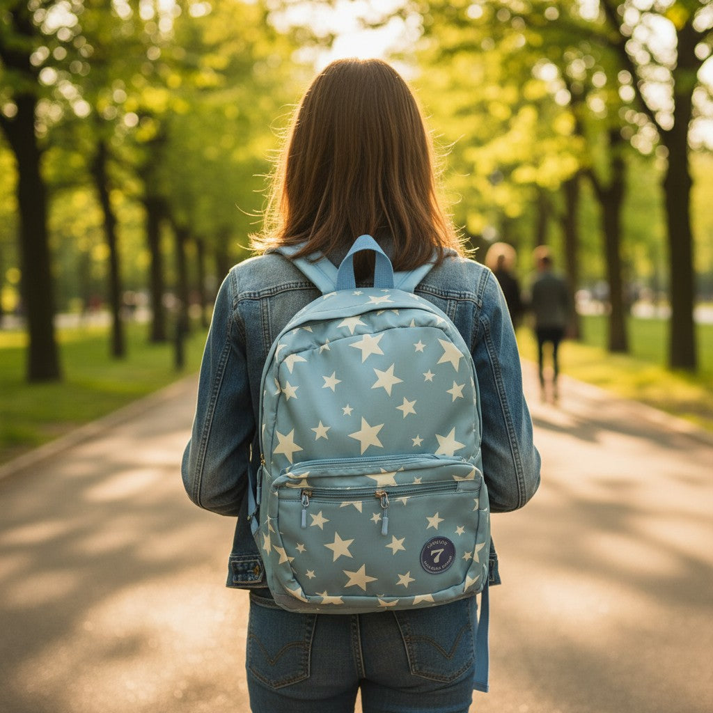 Dusty blue backpack with big cream star print worn, Jack Gifts Online Lebanon