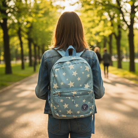 Dusty blue backpack with big cream star print worn