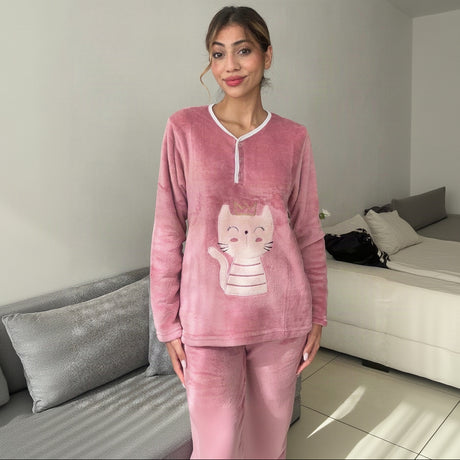 Dusty rose fleece pyjama set with a cream crown cat applique and white piping