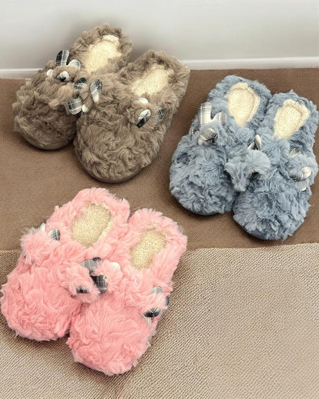 Kids fluffy bunny ear slippers in pink, blue and taupe with gingham bows, Jack Gifts Online Lebanon