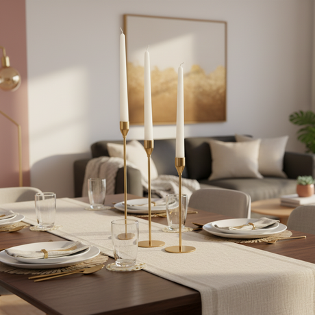 The gold holders on a laid dining table with gold banded napkin rings and placemats