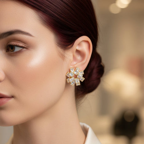 Close-up of a woman wearing a floral elegant earring with a blurred background