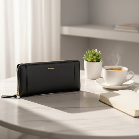 Black wallet on a table with a cup of coffee, book, and plant in the background