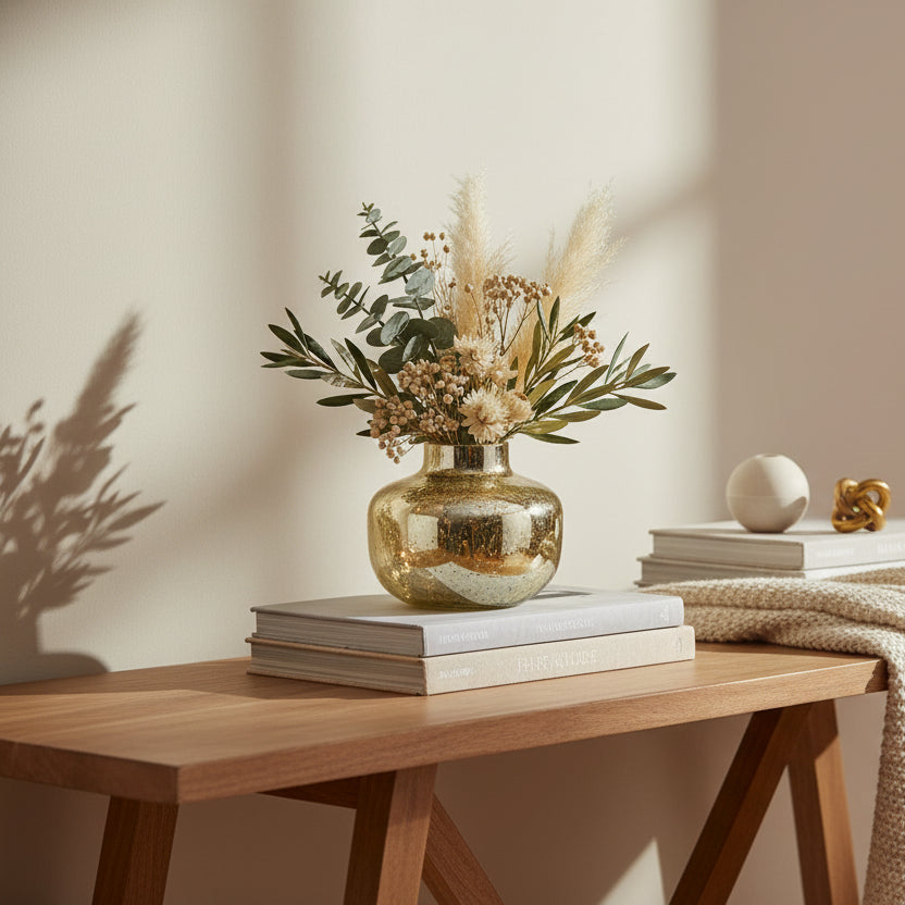 Mercury gold finish vase raised on two books, holding olive branches and dried filler