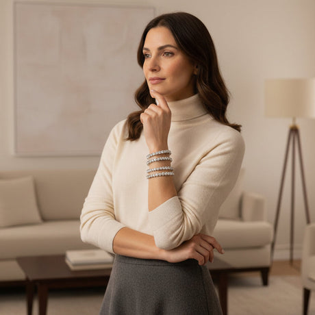 Woman in a beige sweater and grey skirt with an elegant bracelet standing in a living room