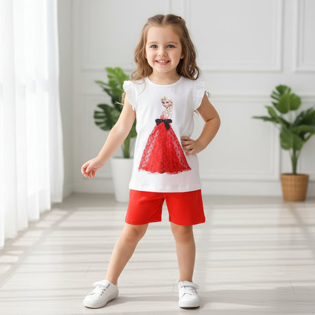 Girls white Elsa princess top with a red lace dress print and red shorts set