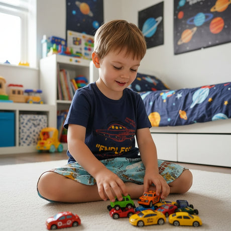 Navy UFO tee and light blue space print pajama shorts worn during playtime