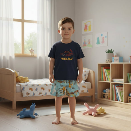 Boys navy Endless UFO graphic tee with space print pajama shorts