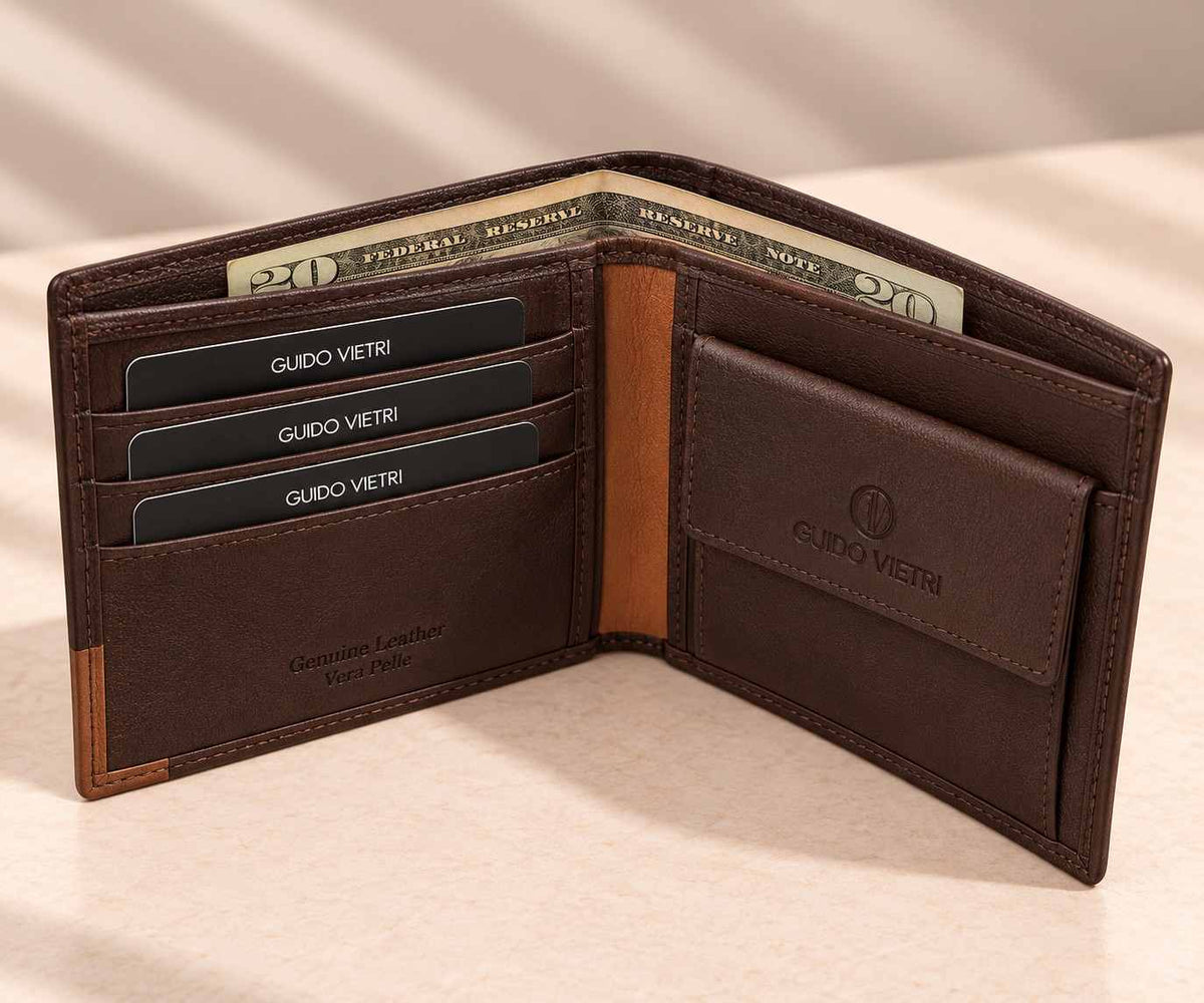 Tan corner trim and a press stud coin purse on an espresso brown bifold, notes behind