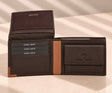 Espresso brown wallet with its flip up card panel raised and a tan leather spine