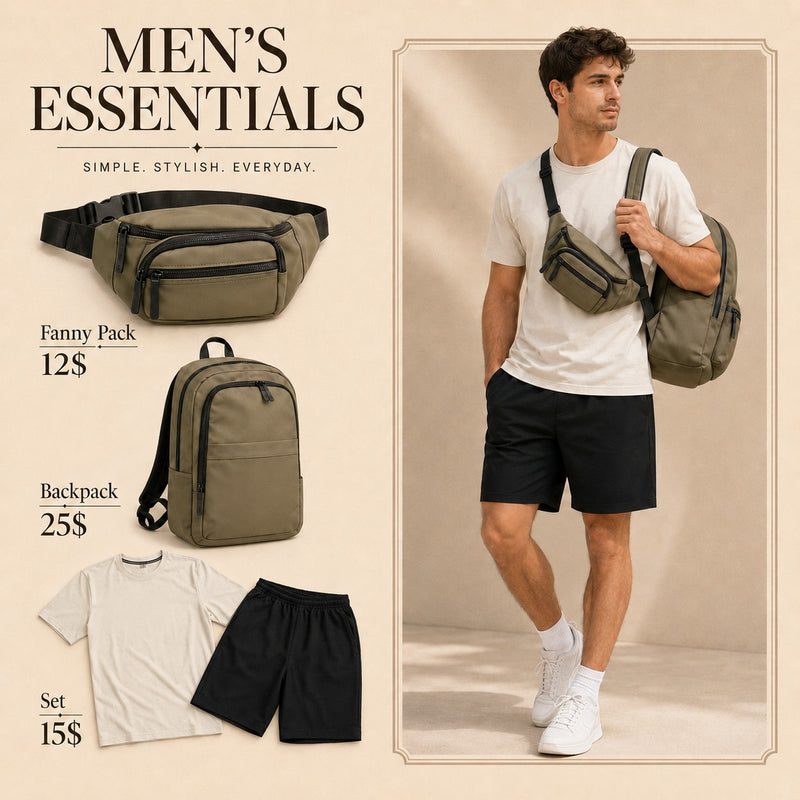 Men's essentials bundle featuring an olive green fanny pack, matching backpack, white tshirt, and black shorts with pricing text
