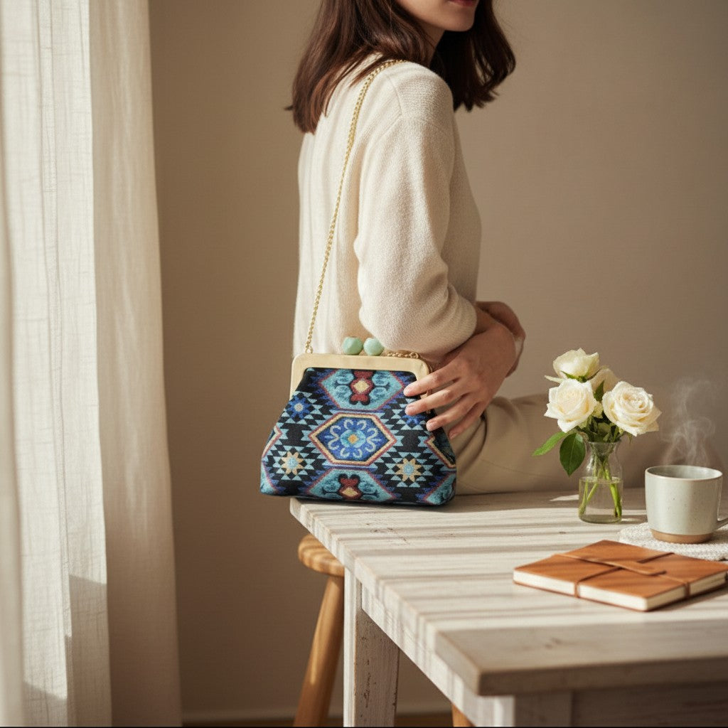 Seated woman in cream holding the navy patterned bag at her hip