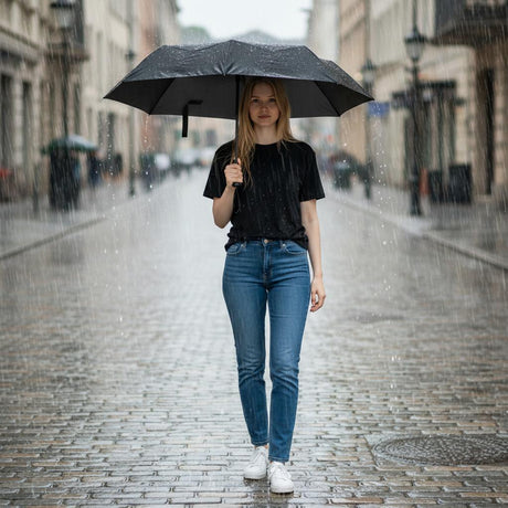 Woman holding a black everyday shield umbrella on a rainy street