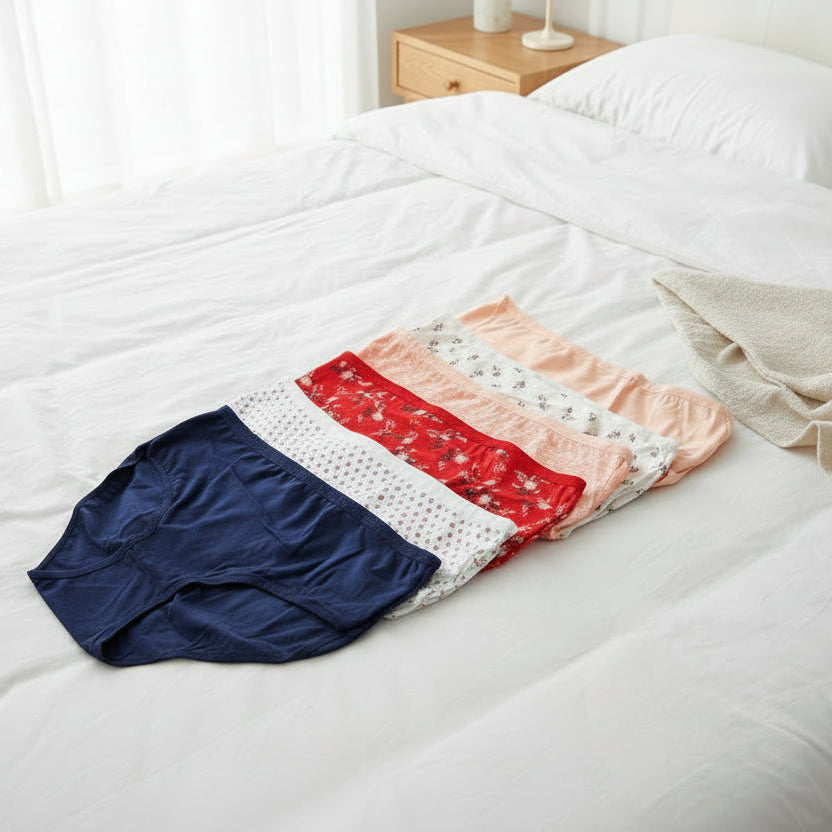 Everyday cotton briefs in a colour run from navy to peach on a white bed