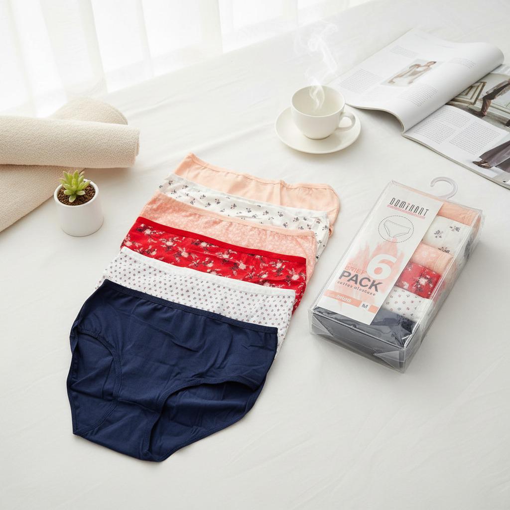 Women's navy, red floral, peach and dotted briefs laid out beside their pack