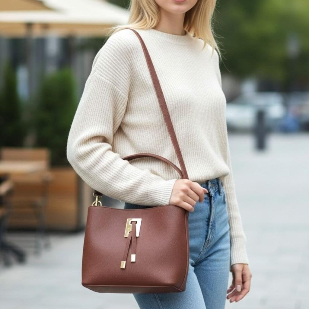 Brown handbag worn crossbody with a cream knit jumper and light jeans
