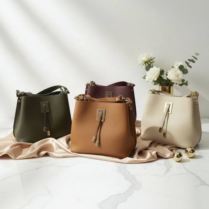 Bucket handbags in olive, plum, tan and cream grouped on white marble with satin and roses