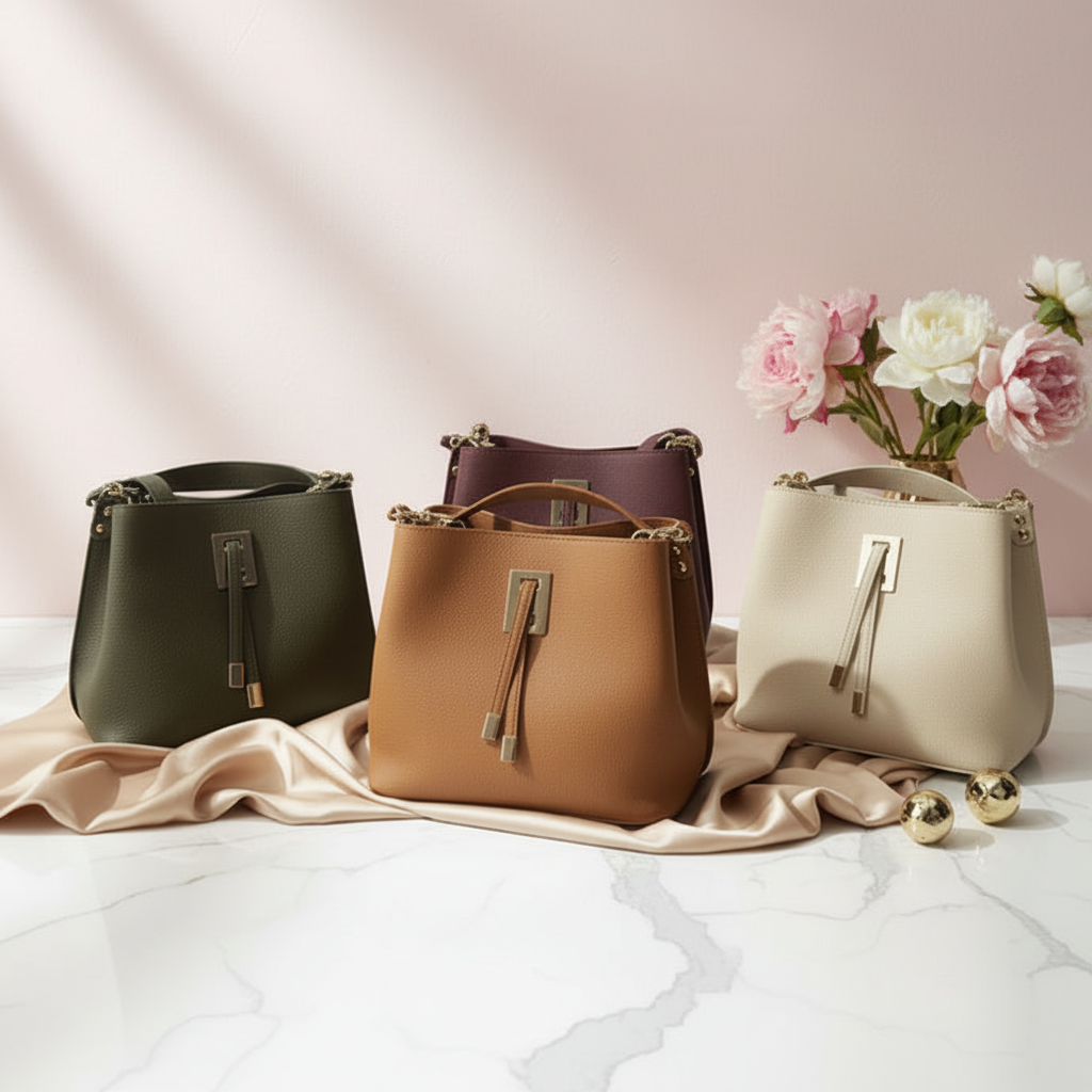 Four bucket handbags in olive, plum, tan and cream lined up against a pink backdrop with roses