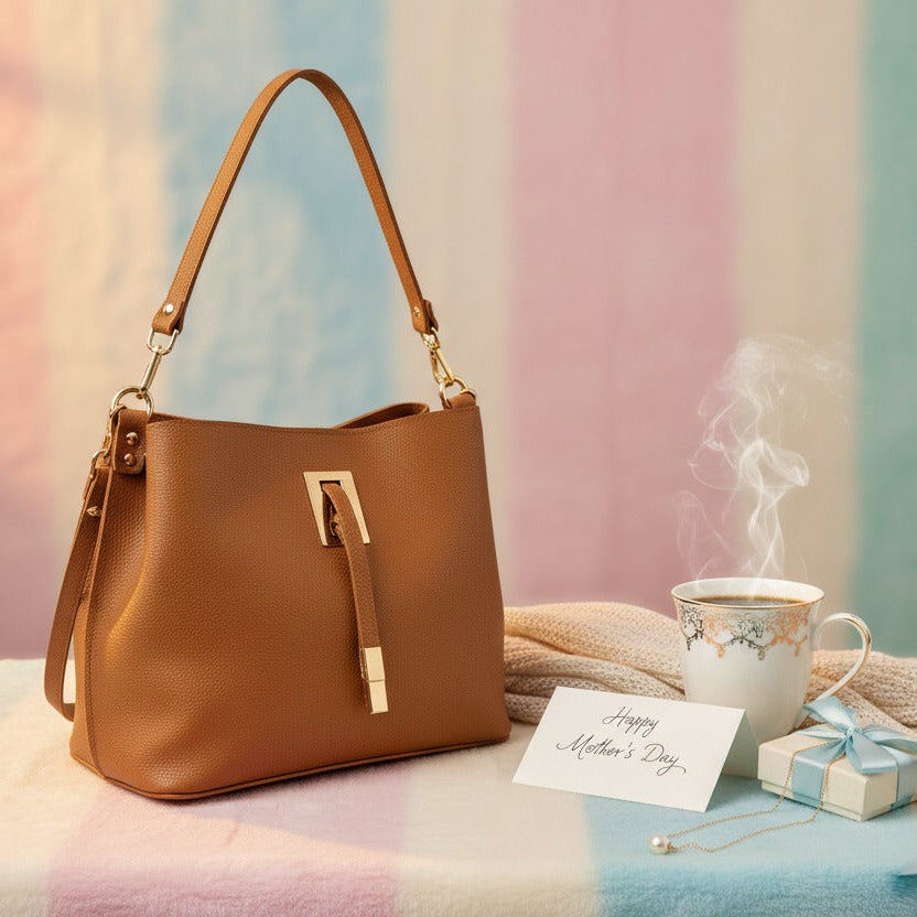 Tan pebbled handbag against a pastel striped backdrop with a teacup and a small gift box