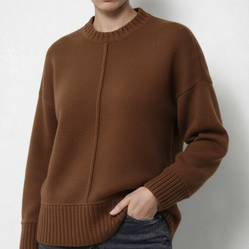 Brown ribbed crew neck wool top, close view of the neckline and cuffs