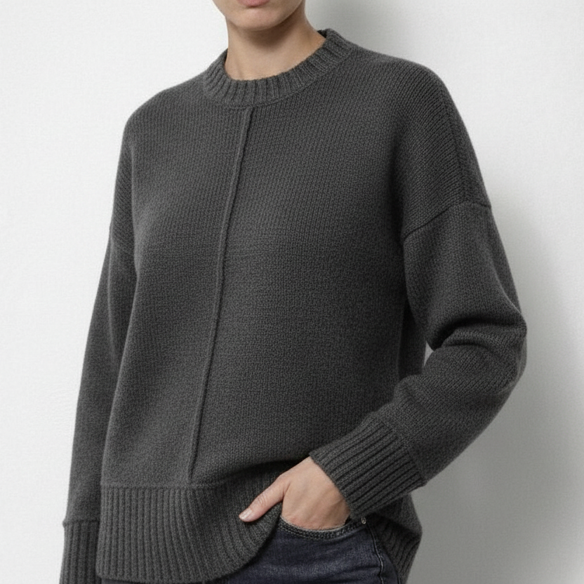Grey crew neck knit jumper with a vertical seam down the front