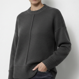 Grey crew neck knit jumper with a vertical seam down the front