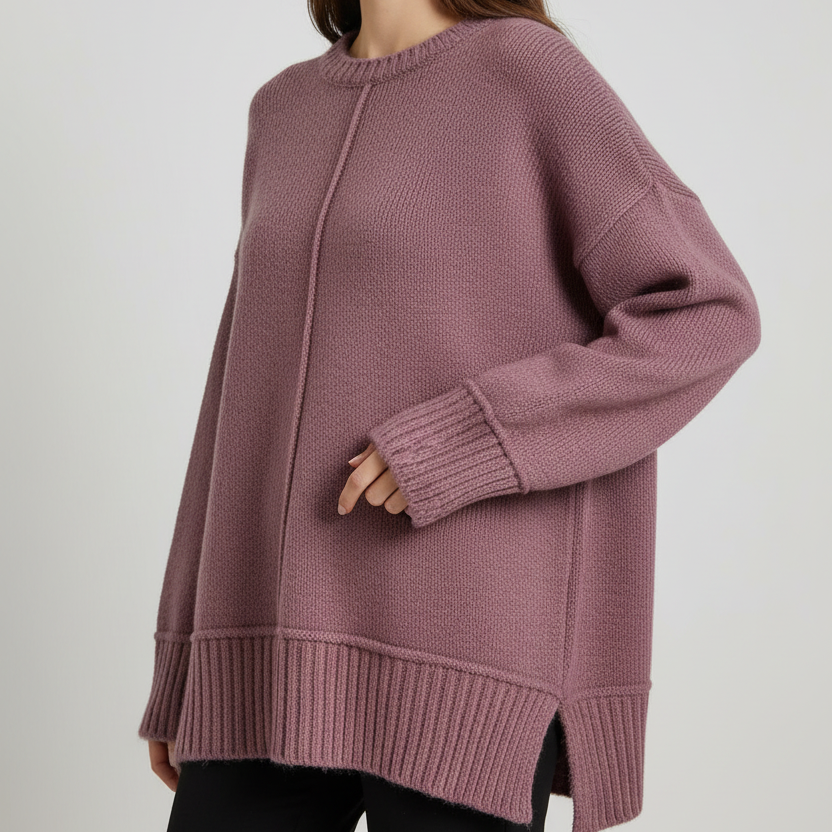 Pink oversized knit top with side slits and a long ribbed hem
