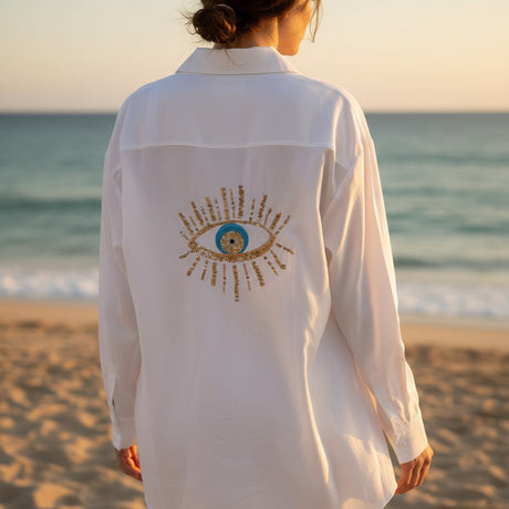 Women's white evil eye shirt dress, beach cover up, Jack Gifts Online Lebanon