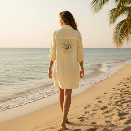 Women's pastel yellow evil eye shirt dress, beach cover up, Jack Gifts Online Lebanon