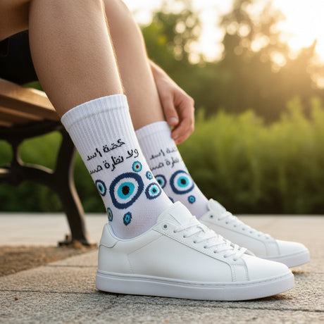 Eye crew socks worn with white sneakers on a park bench at sunset