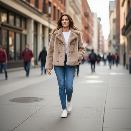 Woman walking on a city street wearing a beige coat, white shirt, blue jeans, and white sneakers