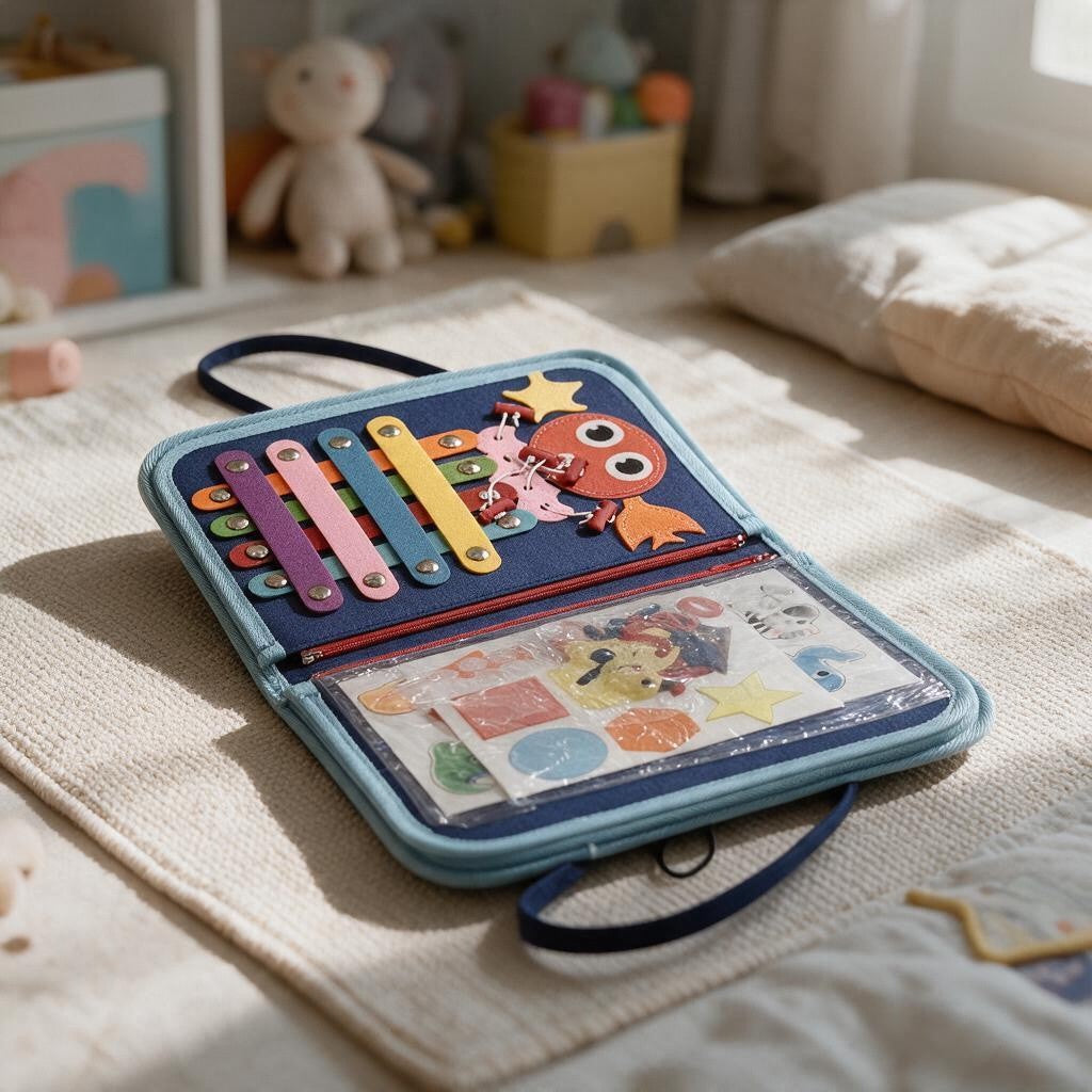 Navy felt busy book with a xylophone style toy, felt monster and sticker pocket