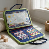 Green trimmed busy book with weather cards and colour crayon matching strips