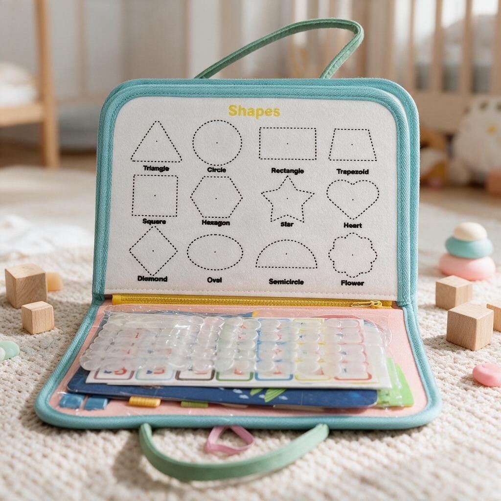 Light blue busy book open to a shapes tracing page with colourful sticker pieces below